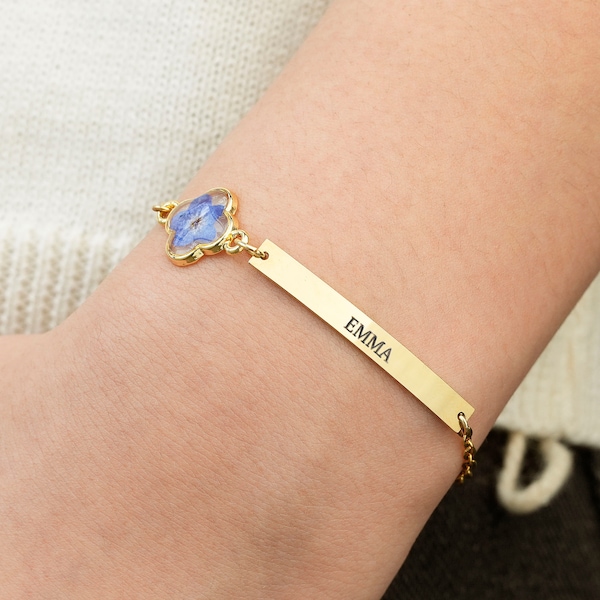 Personalized Forget Me Not Name Bracelet, Forget Me Not Engraved Bracelet, Real Pressed Flower Jewerly, Birthday Gift, Gift for Her