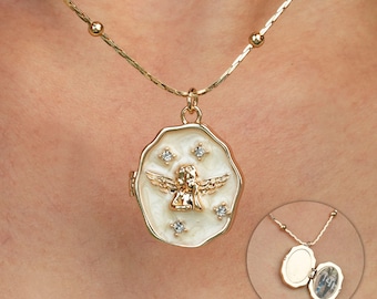 Locket Necklace with Angel, Custom Angel Locket, Handmade Locket with Photo, Personalized Gift, Bridesmaid Gifts, Birthday Gift,Gift for Her