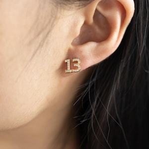 May include: Gold stud earrings with a clear crystal number 13.