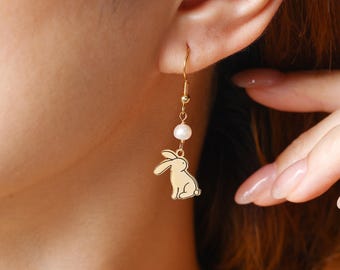 Personalized Cute Bunny Pearl Earrings, Custom Name Earrings, Stainless Steel Dangle Jewelry, Birthday Gift for Daughter