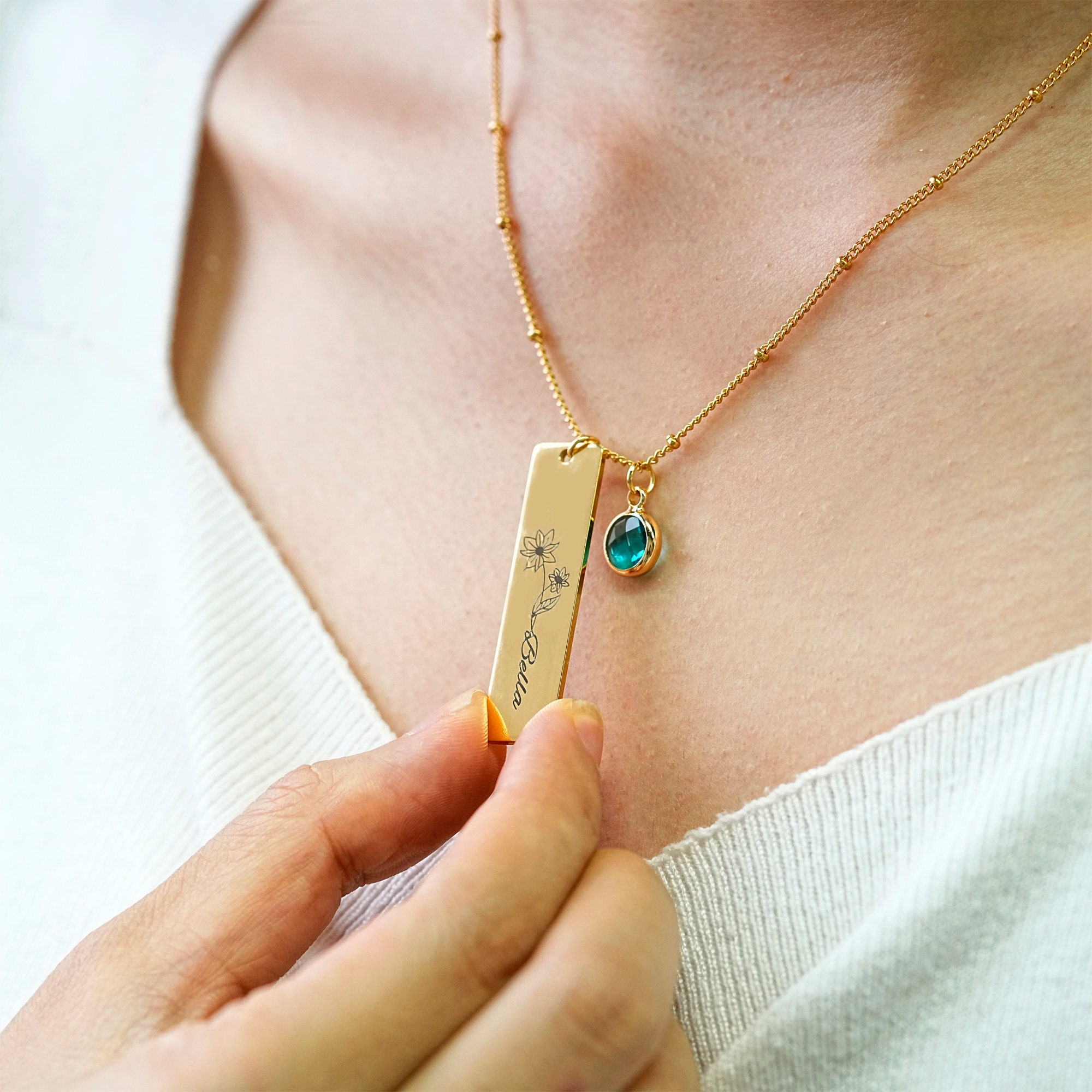 Personalized Name Bar Necklace With Birth Flower Pendant – Custom Engraved Jewelry For Women, Bridesmaid Gifts - View #2