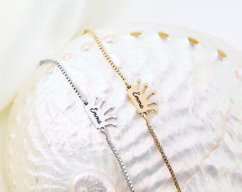 Personalized Crown Name Bracelet, Engraved Nameplate Chain Jewelry, Gold or Silver, Gift for Daughter, Gift for Kids