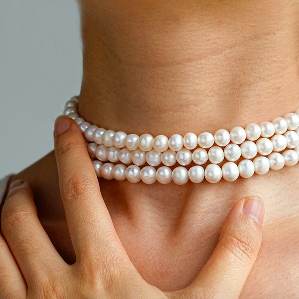 Real Freshwater Pearl Choker Necklace, 3 Strand layered Pearl Choker, Minimalist Bridal Choker, Wedding Jewelry, Bridal Gift, Gift for Mom