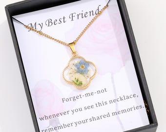 Alla mia migliore amica, collana con nontiscordardime e ali di bambino, gioielli con fiori in resina, nontiscordardime, regalo migliore amica, collana per donna, regalo per lei