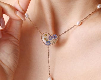 Forget Me Not Heart Y Necklace, Freshwater Pearl Lariat Necklace, Pressed Flower Jewelry, Romantic Gift for Girlfriend