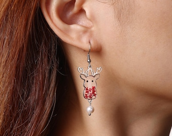 Cute Reindeer Earrings, Dried Flower Resin & Freshwater Pearl Earrings, Christmas Gift for Daughter Girlfriend