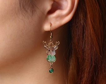 Cute Christmas Reindeer Earrings, Custom Birth Month Flower & Birthstone Earrings, Personalized Christmas Gift for Daughter