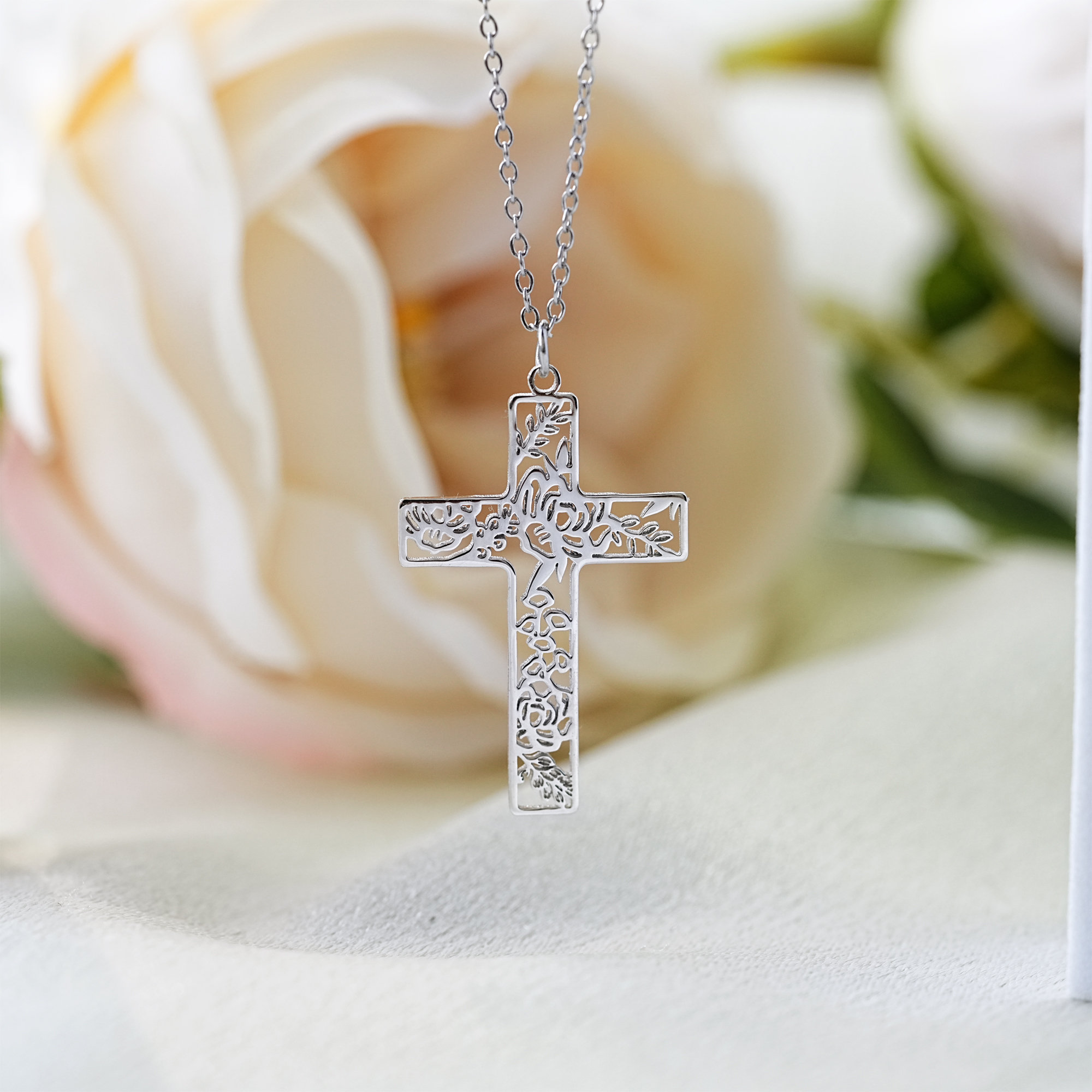 Sterling Silver Birth Flower Cross Necklace, Personalized Christian ...