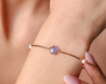 Freshwater Pearl Forget Me Not Bracelet, Real Pressed Flower Jewelry, Birthday Gift, Memorial Keepsake Gift for Her