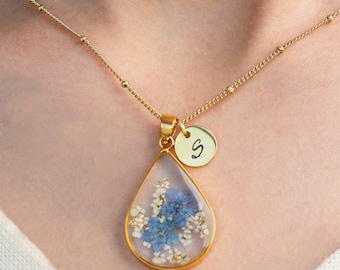 Forget Me Not Necklace, Personalized Initial Necklace, Real Pressed Flower Jewerly, Dried Flower Jewelry, Forget-Me-Not, Gift for Her