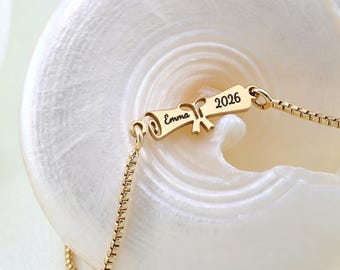 Personalized Bow Bracelet, Custom Name & Year Engraved Slider Bracelet, Daily Minimalist Bracelet, Daughter or Best Friend Gift