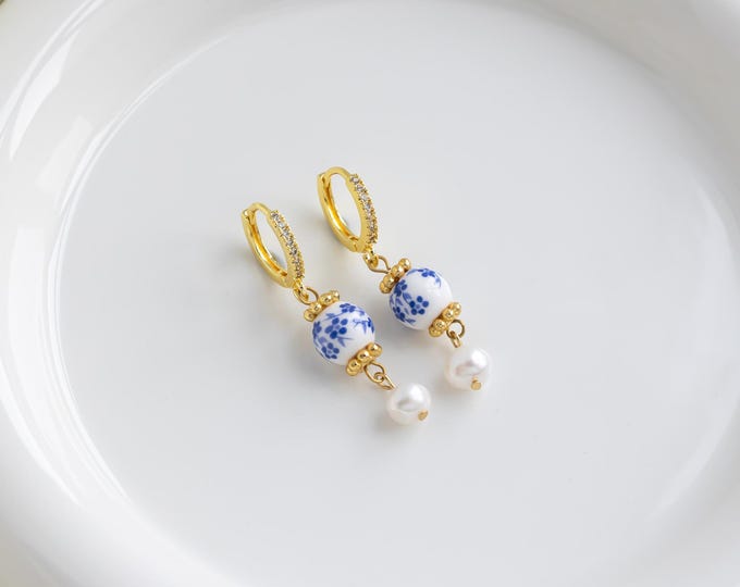 Blue and White Porcelain Hoop Earrings, Blue White Pearl Earrings, Beaded Earring, Freshwater Pearl Jewelry, Earring for Women, Gift for Her