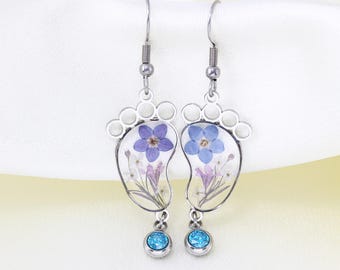 Birthstone Baby Footprint Earrings, Forget Me Not Flower Earrings, New Mom Gift, Baby Shower Gift, First Mothers Day Jewelry
