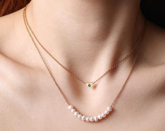 Freshwater Pearl Birthstone Necklace, Heart Birthstone Layered Necklace, Personalized Jewelry, Bridesmaid Gift, Birthday Gift for Her