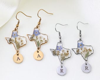 Custom State Earrings, Dried Flower Resin Jewelry, Long Distance Relationship Gift, Travel Keepsake Gift for Girlfriend