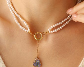 Bridesmaid Pearl Necklace, Double Strand Freshwater Pearl & Dried Flower Necklace, Wedding Day Gift for Her, Bridal Party Jewelry