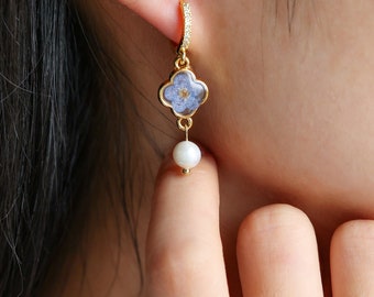 Freshwater Pearl Hoop Earrings, Forget Me Not Flower Earrings, Hoop Diamond Earrings, Earrings for Women, Bridesmaid Gifts, Gift for Her