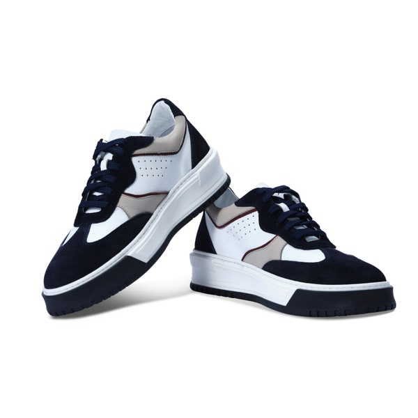 Real Leather Navy&White Sport Men Shoes, Comfort Shoe For Man, Four Season Trend Men Fashion, Handcrafted Shoes, Sporty and Casual Shoes