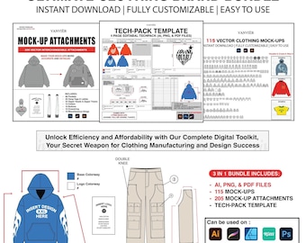 115 modelli con 225 allegati e pacchetto tecnico / Pacchetto tecnico streetwear di design di mockup di marchi di abbigliamento