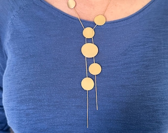 Modern Geometric Gold Statement Necklace | Long Circle Disc Pendant Necklace | Minimalist Metal Jewelry for Women | Gift for Her