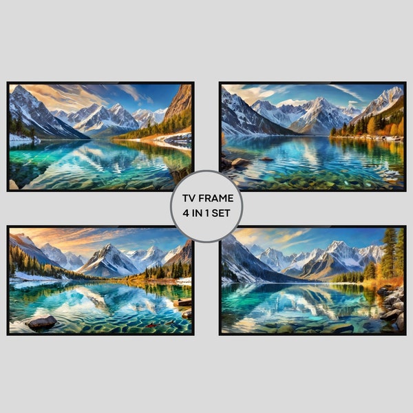 4 in 1 TV Frame Majestic Mountain Lake View Art Set | Digital Instant Download for Smart TV | TV Widescreen Decor | Modern Home Accent