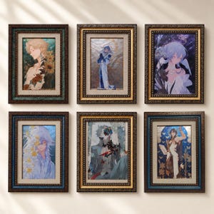 May include: Six rectangular wall frames with ornate dark brown and gold borders, each containing a unique anime-style illustration. The artwork features various characters with floral, celestial, and butterfly motifs in vibrant color palettes.