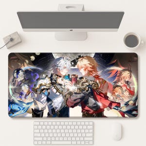 May include: A rectangular mousepad featuring a vibrant anime-style illustration of two characters toasting with drinks. The design includes characters in armor, with a full moon and other figures in the background. The color palette includes blues, reds, and golds.
