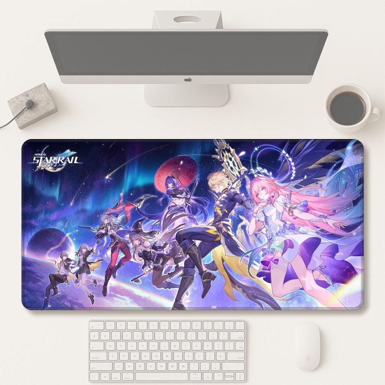 May include: A rectangular mousepad featuring a vibrant anime-style illustration with characters in dynamic poses against a cosmic background. The mousepad has the text "STARRAIL" in the upper left corner.