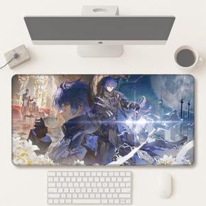 May include: A rectangular mouse mat with an anime-style illustration. The artwork shows a character with blue hair and a sword, set against a moonlit scene and a room with figures. White flowers are at the bottom. The mat is on a white desk.