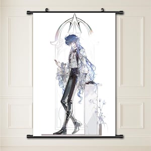 May include: A wall scroll featuring an anime-style illustration of a character with long blue hair, wearing a white ruffled shirt, dark trousers, and boots. The character stands beside a pillar against a white background with a gothic arch design.