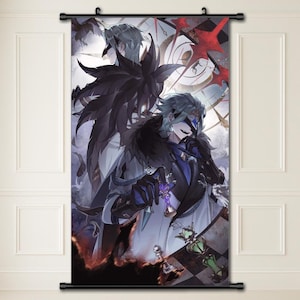 Può includere: Arazzo da parete con un'illustrazione in stile anime di due figure mascherate con costumi elaborati. L'opera d'arte ha un tema fantasy oscuro, con un pavimento a scacchiera ed elementi di orologio. I personaggi sono raffigurati in tonalità di blu, nero e bianco.