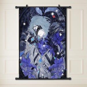 May include: A wall scroll with an anime-style illustration. The artwork depicts a character with light blue hair, a mask, and elaborate clothing in white, blue, and black. The background features dark floral elements and a stylized bird.