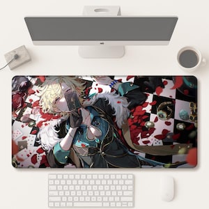 May include: A large rectangular mouse mat with an anime-style illustration of a character holding a playing card. The design includes a black and white checkered pattern, playing cards, and red rose petals. A keyboard, mouse, and monitor are visible.