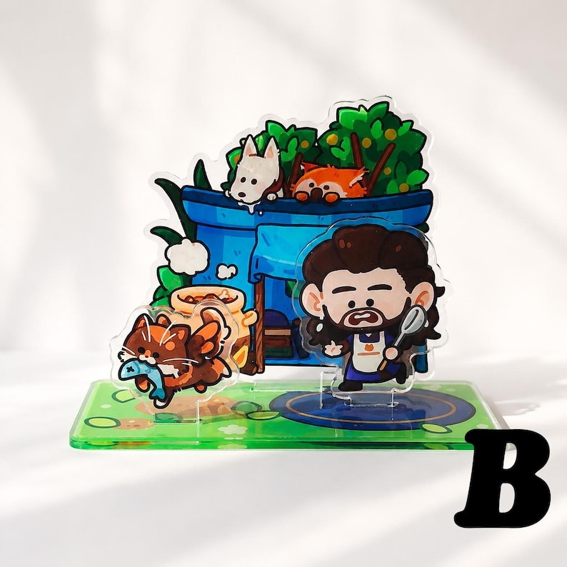 Peut inclure: Un pr&eacute;sentoir en acrylique multicouche repr&eacute;sentant un personnage de dessin anim&eacute; aux cheveux bruns et &agrave; la barbe, portant un tablier et tenant une cuill&egrave;re. La sc&egrave;ne inclut une structure bleue, un chien blanc, un panda roux et un chat brun.
