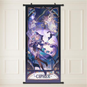 May include: A wall scroll featuring a vibrant anime-style illustration. The artwork showcases two characters in shades of blue, purple, and white, with a black cat and the word "CIPHER" at the bottom. The scroll is suspended from a black rod.