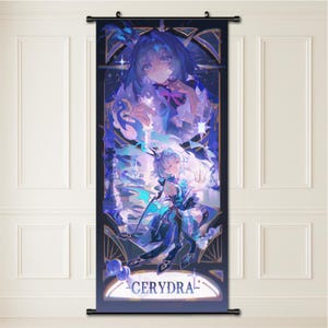 Op de afbeelding: Een verticale wandrol met een illustratie in anime-stijl. Het kunstwerk toont twee figuren in blauwe en witte tinten, met het woord "CERYDRA" onderaan. De rol is opgehangen aan een zwarte stang.