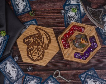 Dice box Dungeons Dragons/Dice vault box Hexagon with a dragon /Tabletop Game storage game wood/Dungeons Box/D&D/Tablet DnD Gift/