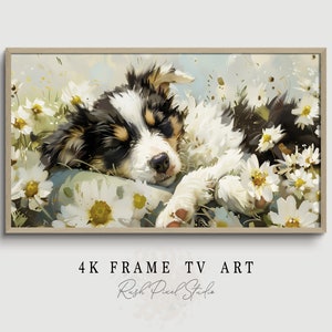 Herding Border Collie Sleeping Puppy Dog English Garden Meadow, Wildflowers Digital Download Frame TV Art, Farmhouse Entry Wall Decor