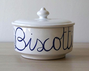 Barattolo per biscotti vintage italiano in ceramica di Imola | Barattolo per biscotti in ceramica dipinto a mano blu e bianco | Contenitore per alimenti decorativo in stile rustico per la cucina