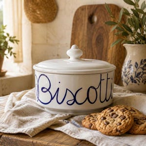 Puede incluir: Un tarro de cerámica blanco para biscotti con tapa y letras azules. El tarro está sobre una superficie de madera con galletas con chispas de chocolate y un paño de lino. Una tabla de cortar de madera y una jarra decorativa están en el fondo.