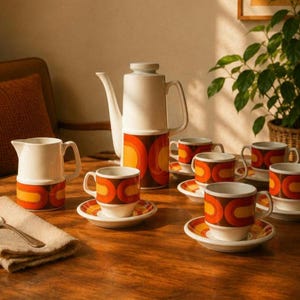 Vintage Gesol koffieservies uit de jaren 70, oranje geometrisch patroon, gemaakt in Portugal.