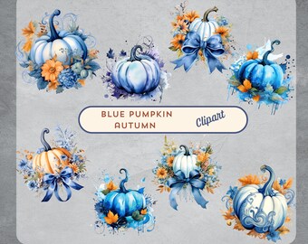 Paquete de imágenes prediseñadas de calabaza azul: 12 imágenes PNG para Halloween, otoño, Acción de Gracias, baby shower, manualidades, tarjetas, invitaciones y uso comercial
