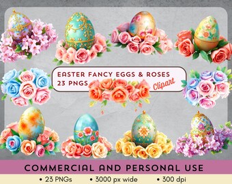 23 Huevos de Pascua y guirnaldas de rosas PNG de fantasía – Descarga digital primaveral en tonos pastel - ¡Descarga instantánea! Para uso comercial y personal.