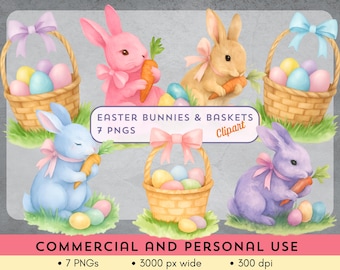 Paquete de imágenes prediseñadas de conejito de Pascua y cesta de huevos en acuarela vintage: 7 PNG transparentes: ¡descárgalo hoy!