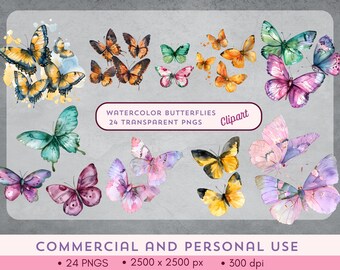 Paquete de imágenes prediseñadas de mariposas en acuarela - 24 imágenes PNG - Rosa, Morado, Monarca y más - Naturaleza y decoración primaveral - ¡Descarga instantánea! Uso comercial.
