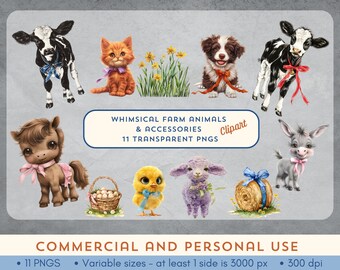 Imágenes prediseñadas de animales de granja y accesorios. 11 PNG con fondo transparente: ¡Animales bebés adorables! Para uso comercial y personal.