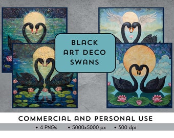 Clipart de Cisnes Negros estilo Art Déco. Para uso comercial o personal. Contiene 4 PNGs - 5000x5000 px - 300 dpi. Imágenes encantadoras, místicas y mágicas.