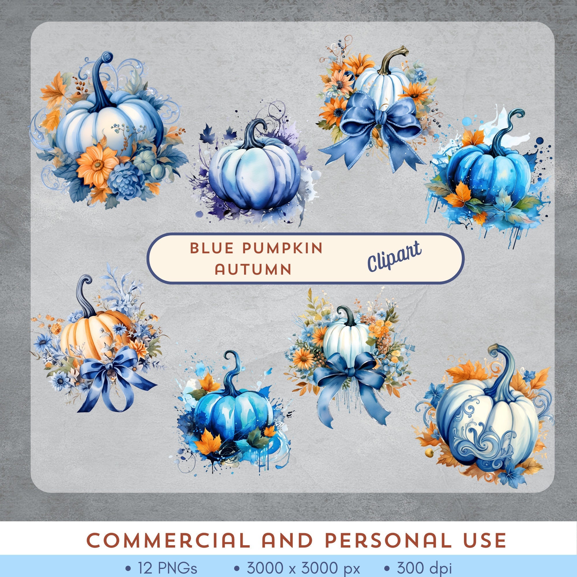 Blue Pumpkin Clipart Pack - 12 PNG Images for Halloween - Autumn ...