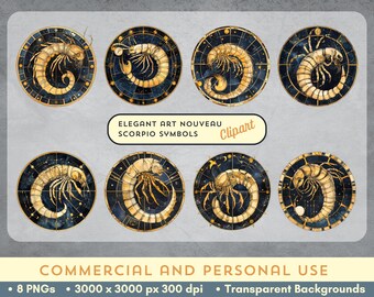 ¡Aporta la energía mística de Escorpio a tus diseños con nuestro paquete de imágenes prediseñadas Art Nouveau! Signo astrológico - Descarga digital