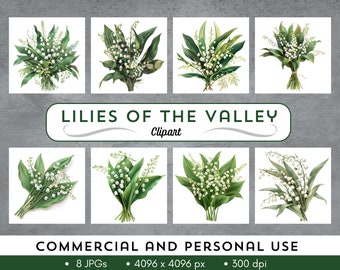 Clipart de lirios del valle - 8 archivos JPG - uso comercial y personal - flor del mes de nacimiento de mayo - descarga digital instantánea
